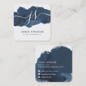 インク付きロゴエレガントイニシャル濃い青色インク スクエア名刺 (正面/裏面)