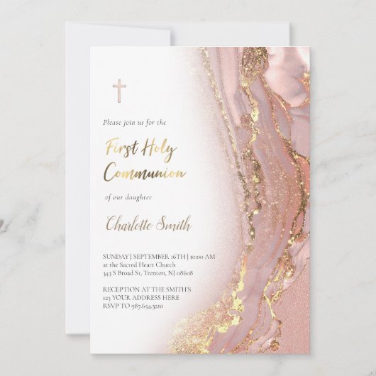 インク大理石 | First Holy Communion girl 招待状 (正面)
