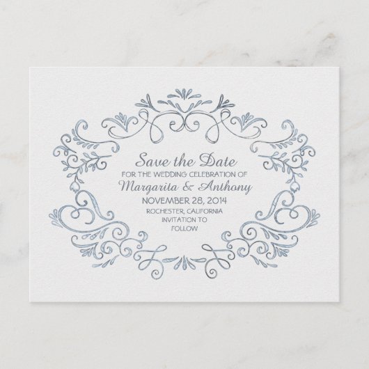 インク手書き花模様ヴィンテージ保存日 案内ポストカード (正面)