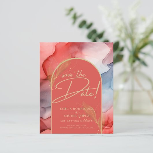 インク抽象芸術オレンジ色の赤い金ゴールドネイビー日付を保存 (スタンド正面)