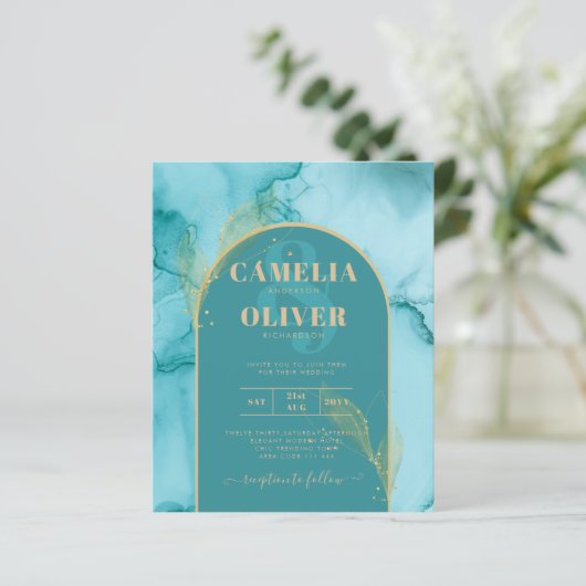 インク抽象芸術ターコイズティール（緑がかった色）金ゴールド結婚式 (スタンド正面)