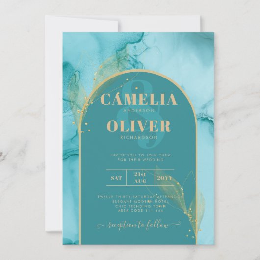 インク抽象芸術ターコイズティール（緑がかった色）金ゴールド結婚式 招待状 (正面)