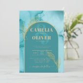 インク抽象芸術ターコイズティール（緑がかった色）金ゴールド結婚式 招待状 (スタンド正面)