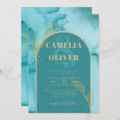 インク抽象芸術ターコイズティール（緑がかった色）金ゴールド結婚式 招待状 (正面/裏面)