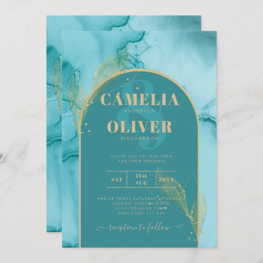 インク抽象芸術ターコイズティール（緑がかった色）金ゴールド結婚式 招待状 (正面/裏面)