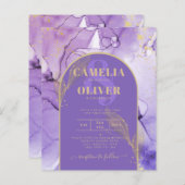 インク抽象芸術パープル金ゴールドラベンダーウェディング招待 (正面/裏面)
