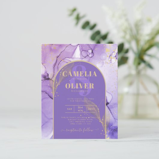 インク抽象芸術パープル金ゴールドラベンダーウェディング招待 (スタンド正面)