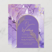 インク抽象芸術パープル金ゴールドラベンダーウェディング招待 (正面/裏面)