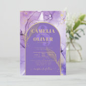 インク抽象芸術パープル金ゴールドラベンダーウェディング招待 招待状 (スタンド正面)