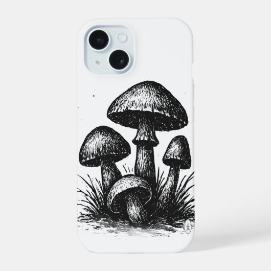 インク画のキノコの群生トートバッグ iPhone 15ケース (裏面)