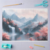 インク絵を描の花の木と滝 薄葉紙 (クラフト)