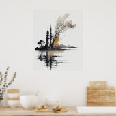 インク絵画のヴィンテージランドスケープ白黒 ポスター (キッチン)