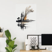 インク絵画のヴィンテージランドスケープ白黒 ポスター (ホームオフィス)