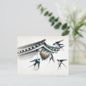 インク食べ物を与えの痛みで巣の中の若い中国のツバメ ポストカード (スタンド正面)