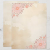 インク＆ウォッシュ紙のピンクの花コーナー付き レターヘッド (正面/裏面)