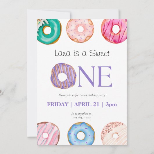 インク パープル ブルー ドーナツ 1歳の誕生日パーティー 招待状 (正面)