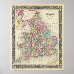 イングランドとウェールズの郡地図 ポスター