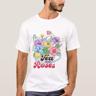 イングランドの庭園スタイルの紅茶とバラのフラワーアート Tシャツ