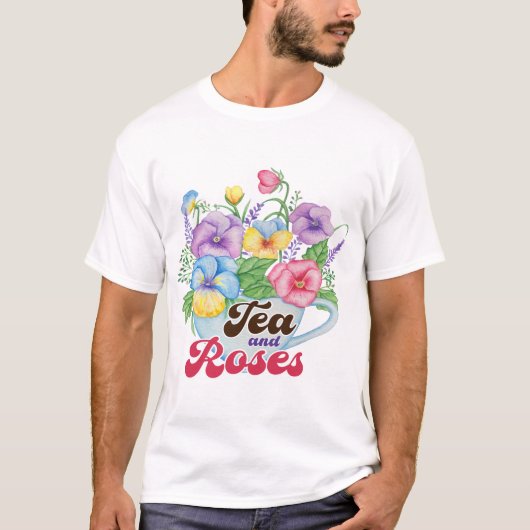 イングランドの庭園スタイルの紅茶とバラのフラワーアート Tシャツ (正面)