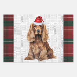イングランドコッカースパニエル犬の赤と緑のチェック柄のクリスマス ラッピングペーパーシート
