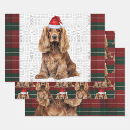 イングランドコッカースパニエル犬の赤と緑のチェック柄のクリスマス ラッピングペーパーシート