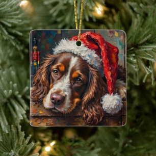 イングランドコッカースパニエル 犬 ビンテージ クリスマス オモチャ箱 セラミックオーナメント