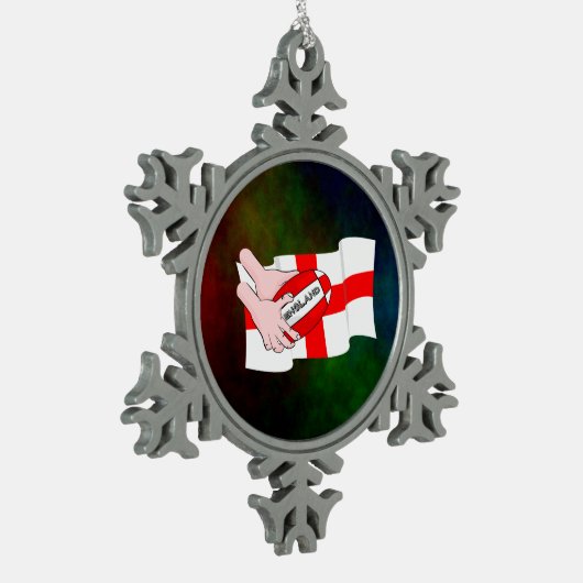 イングランド・ラグビー・チーム・サポーター国旗とボール スノーフレークピューターオーナメント (左)