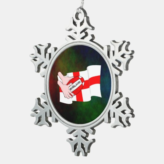 イングランド・ラグビー・チーム・サポーター国旗とボール スノーフレークピューターオーナメント (右)