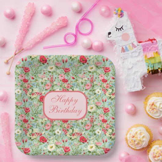 イングリッシュカントリーワイルドフラワーハッピーバースデープレート ペーパープレート (パーティー)