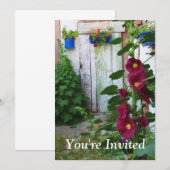 イングリッシュガーデンのホリーホックと花 招待状 (正面/裏面)