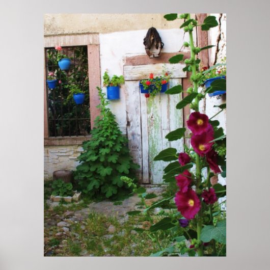 イングリッシュガーデンホリホックスと花 ポスター (正面)