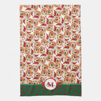 イングリッシュクリームゴールデンモノグラムクリスマスドッグ キッチンタオル