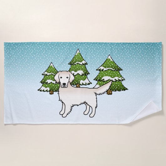 イングリッシュクリームゴールデンレトリバーin冬&木 ビーチタオル (正面)