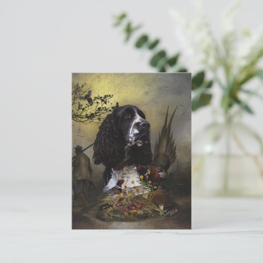 イングリッシュスリンガースパニエル犬とキジ ポストカード (スタンド正面)