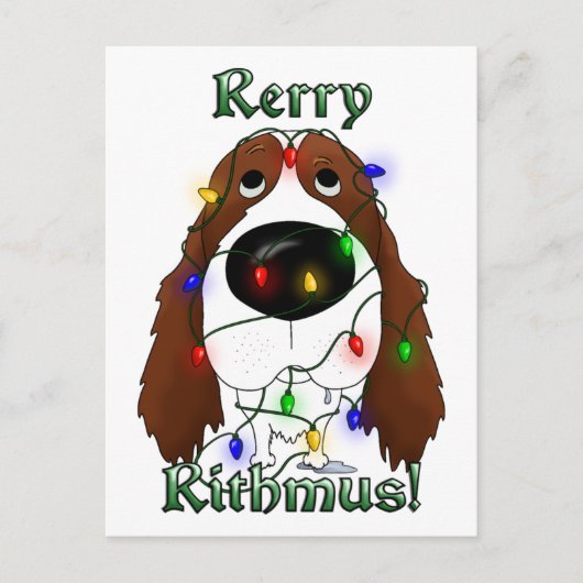 イングリッシュスリンガースパニエル犬クリスマスライト シーズンポストカード (正面)