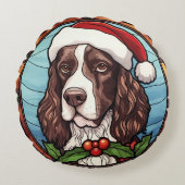 イングリッシュスリンガースパニエル犬ステンドグラスのクリスマス ラウンドクッション (正面)