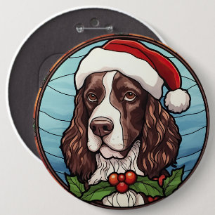 イングリッシュスリンガースパニエル犬ステンドグラスのクリスマス 缶バッジ