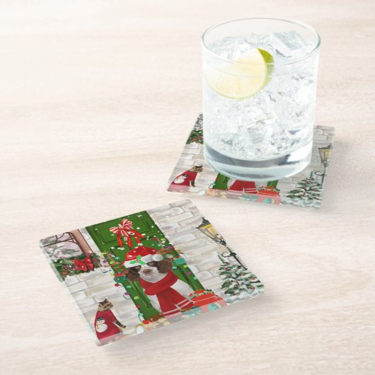 イングリッシュスリンガースパニエル犬ドッグクリスマス ガラスコースター (アングル)