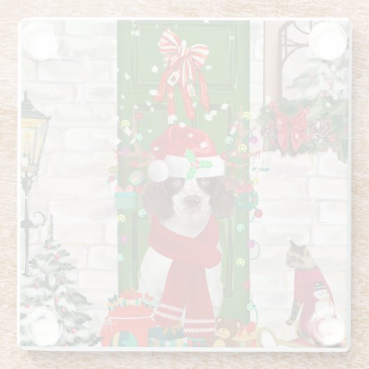 イングリッシュスリンガースパニエル犬ドッグクリスマス ガラスコースター (裏面)
