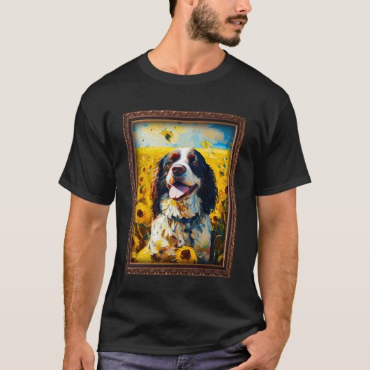 イングリッシュスリンガー絵画スパニエル犬のひまわり花 Tシャツ (正面)