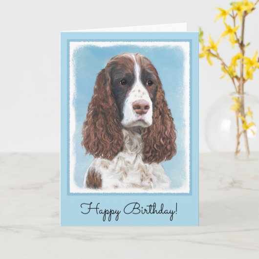 イングリッシュスリンガー絵画スパニエル犬オリジナルドッグアート カード (黄色い花)