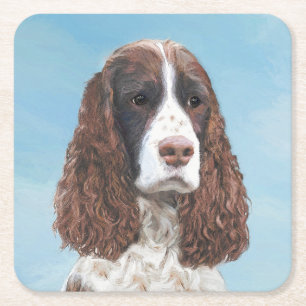 イングリッシュスリンガー絵画スパニエル犬オリジナルドッグアート スクエアペーパーコースター