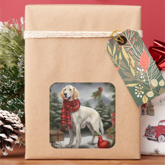イングリッシュセッターの犬と雪のクリスマス スクエアシール (クリスマス)