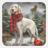 イングリッシュセッターの犬と雪のクリスマス スクエアシール (正面)