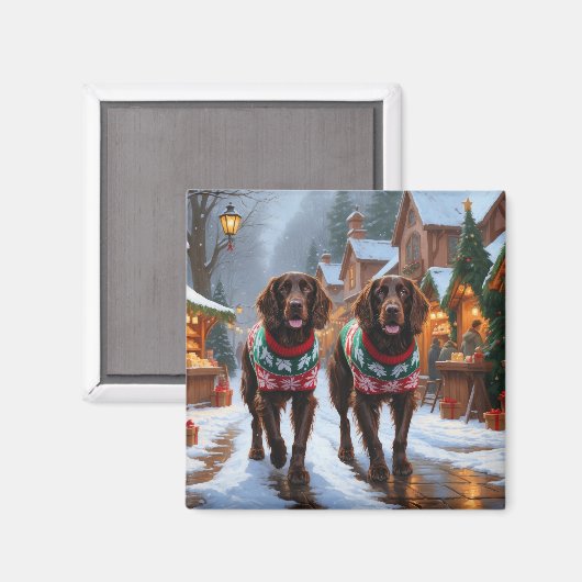 イングリッシュセッターの犬 クリスマス 雪の休日 マグネット (正面/裏面)