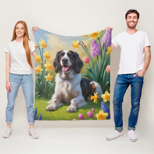 イングリッシュセッターの犬 春の花の絵画 フリースブランケット (インサイチュ)