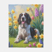 イングリッシュセッターの犬 春の花の絵画 フリースブランケット (正面)
