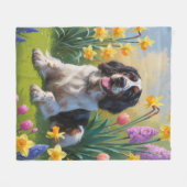 イングリッシュセッターの犬 春の花の絵画 フリースブランケット (正面(横))