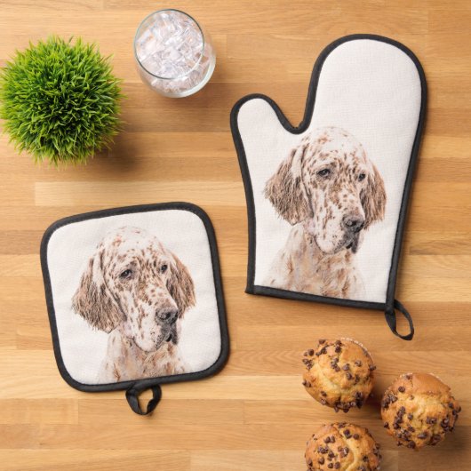 イングリッシュセッター絵を描オレンジベルトンのペットドッグアート 鍋つかみ&鍋敷きセット (トップダウン)
