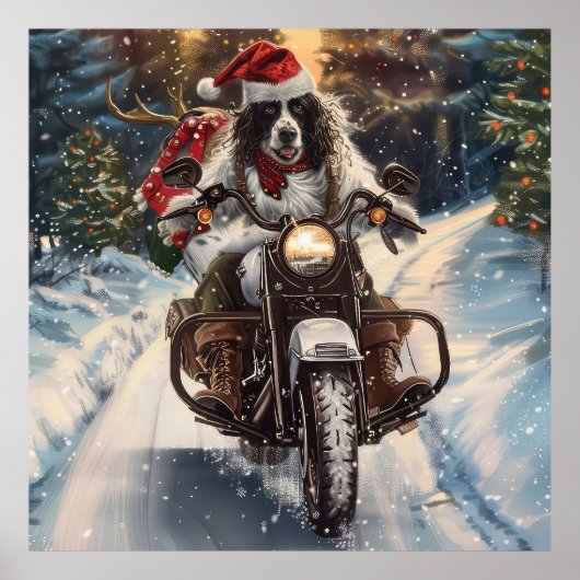 イングリッシュセッター 犬 オートバイ クリスマス ポスター (正面)
